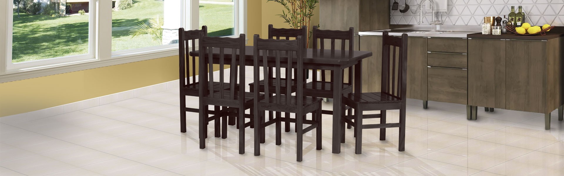 Conjunto mesa 1,50 x 0,80 com 6 cadeiras de encosto alto tabaco