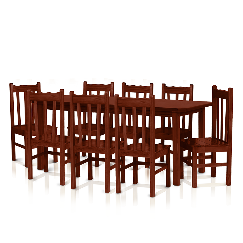Conjunto mesa 2,20 x 0,88 com 8 cadeiras com encosto alto - Mogno
